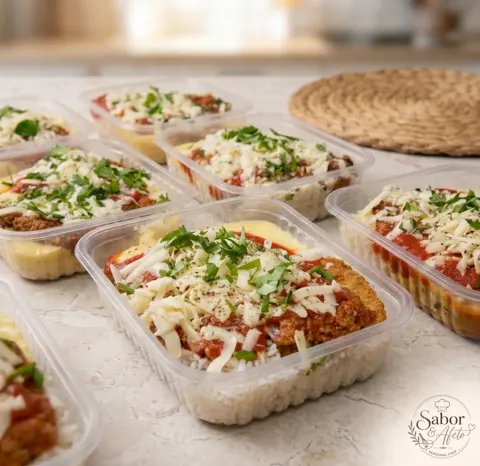 Linha de marmitas caseiras recém-preparadas