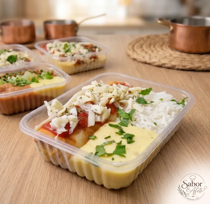 Marmitas do Sabor & Afeto com arroz, proteína e legumes frescos